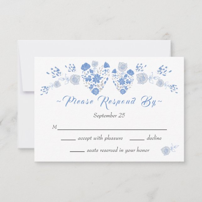 Dusty Blue Elegant White Grey Floral Heart Wedding Invitation (Front)