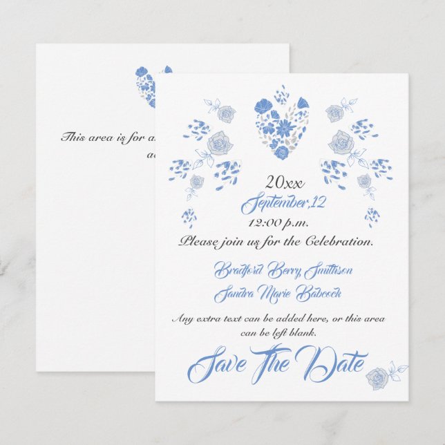 Dusty Blue Elegant White Grey Floral Heart Wedding Save The Date (Front/Back)