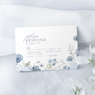 Dusty Blue Elegant Wildflower Wedding RSVP Card