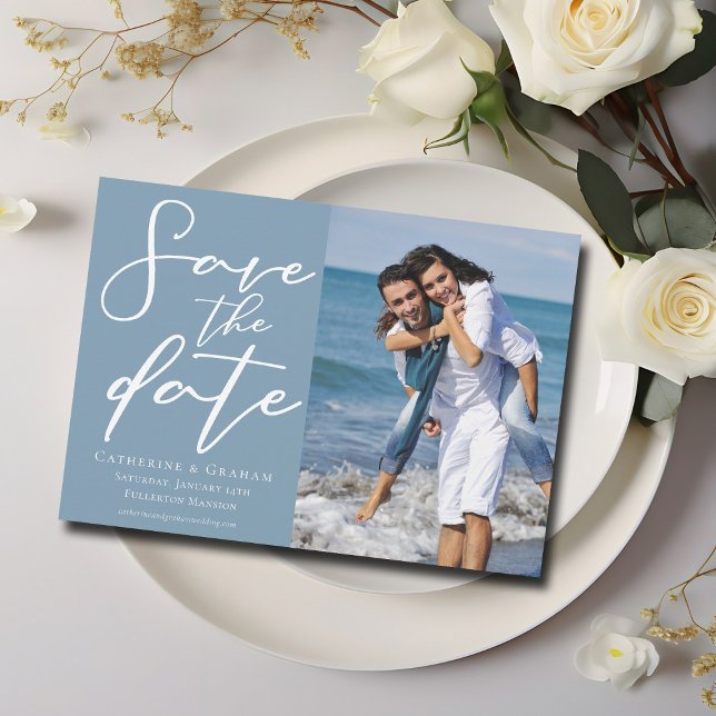 Dusty Blue Engagement Couple Photo Coastal Save The Date (Creator Uploaded)