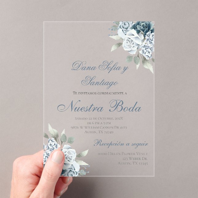 Dusty Blue Espagnol Mariage Acrylique invitation (In situ (ordinateur de poche))