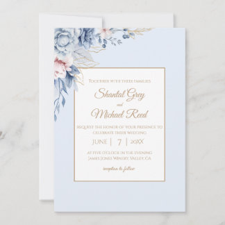 Dusty Blue et Gold Floral Faire-part de mariage