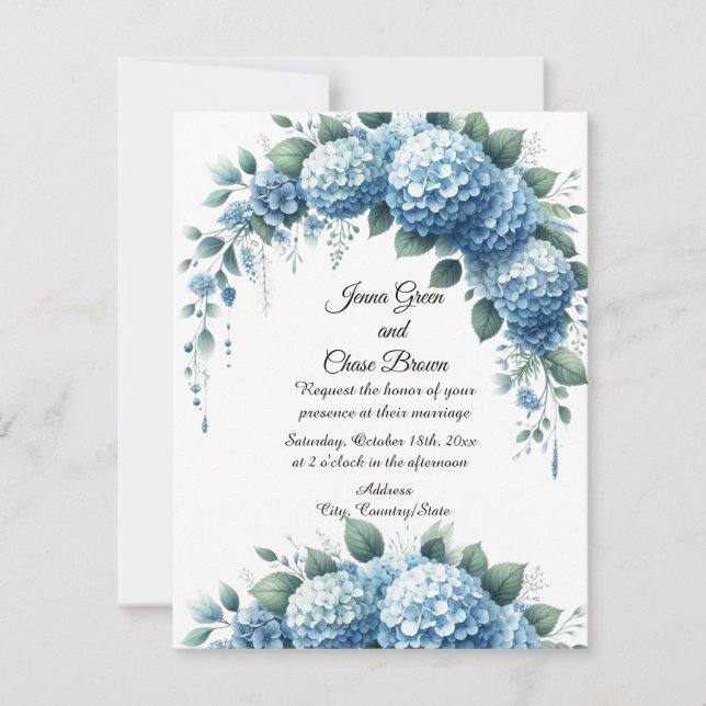 Dusty Blue et Green Hydrangea Faire-part de mariag (Devant)