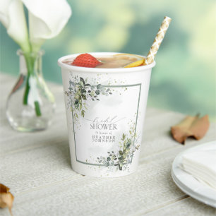 Dusty Blue Eucalyptus Botanical Bridal Shower Paper Cups