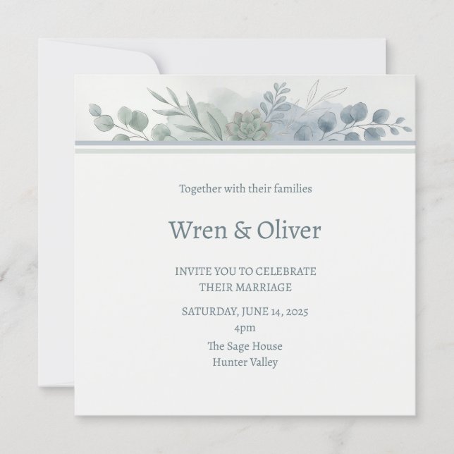 Dusty Blue Eucalyptus Botanical Wedding Invitation (Front)