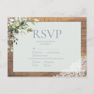 Dusty Blue Eucalyptus Botanical Wood Lace RSVP Invitation Postcard