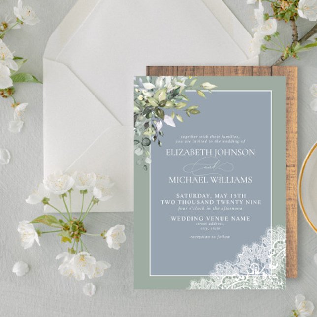 Dusty Blue Eucalyptus Botanical Wood Wedding  Invi Invitation (Creator Uploaded)