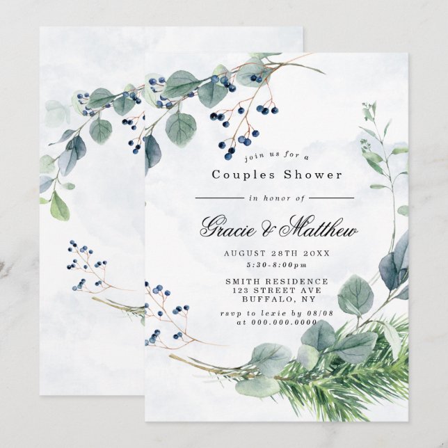 Dusty Blue Eucalyptus Couples Invitations de douch (Devant / Derrière)