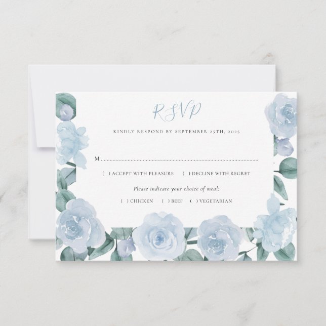 Dusty Blue Eucalyptus Elegant Floral Wedding RSVP (Front)