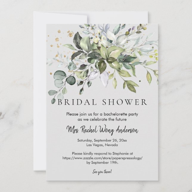 Dusty Blue Eucalyptus Green Leaves Bridal Shower Invitation (Front)