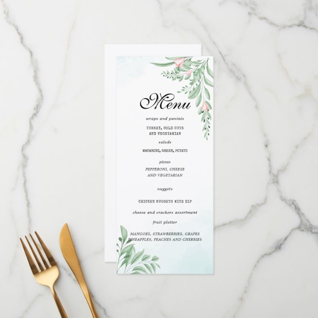 Dusty Blue Eucalyptus Greenery Birthday Party Menu (Front/Back In Situ)