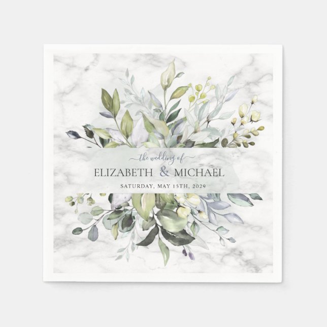Dusty Blue Eucalyptus Greenery Botanical Marble Napkin (Front)