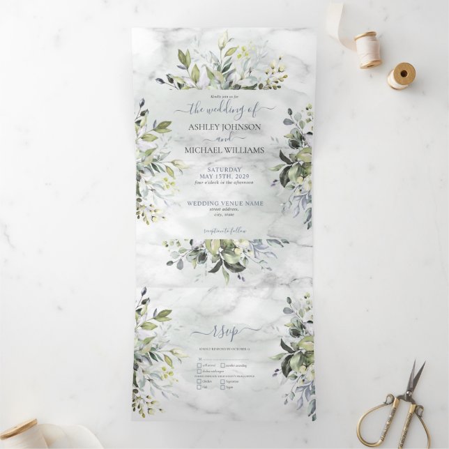 Dusty Blue Eucalyptus Greenery Botanical Marble Tri-Fold Invitation (Inside)