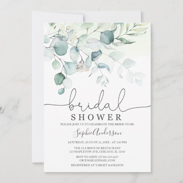 Dusty Blue Eucalyptus Greenery Bridal Shower Invitation (Front)