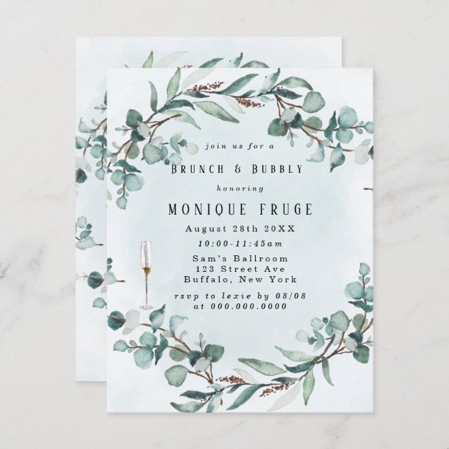 Dusty Blue Eucalyptus Greenery Brunch & Bubbly Invitation (Front/Back)