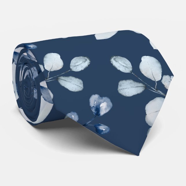 Dusty Blue Eucalyptus Greenery Deep Navy Wedding Tie (Rolled)