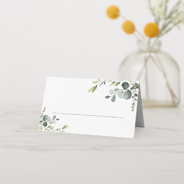 Dusty Blue Eucalyptus Greenery Folded Place Card (Front)
