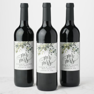 Dusty Blue Eucalyptus Greenery  Mr and Mrs Wedding Wine Label
