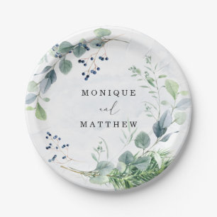 Dusty Blue Eucalyptus Greenery Rustic Wedding Paper Plate