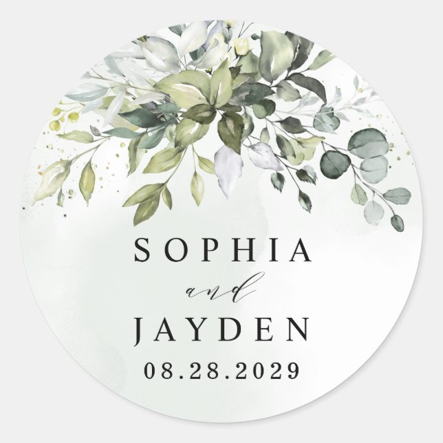 Dusty Blue Eucalyptus Greenery Succulent Wedding Classic Round Sticker (Front)