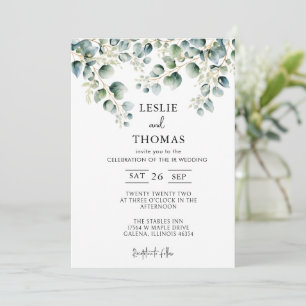 Dusty Blue Eucalyptus Greenery Succulent Wedding  Invitation