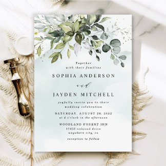 Dusty Blue Eucalyptus Greenery Succulent Wedding Invitation