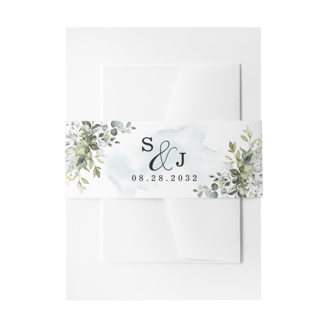 Dusty Blue Eucalyptus Greenery Succulent Wedding Invitation Belly Band (Front Example)