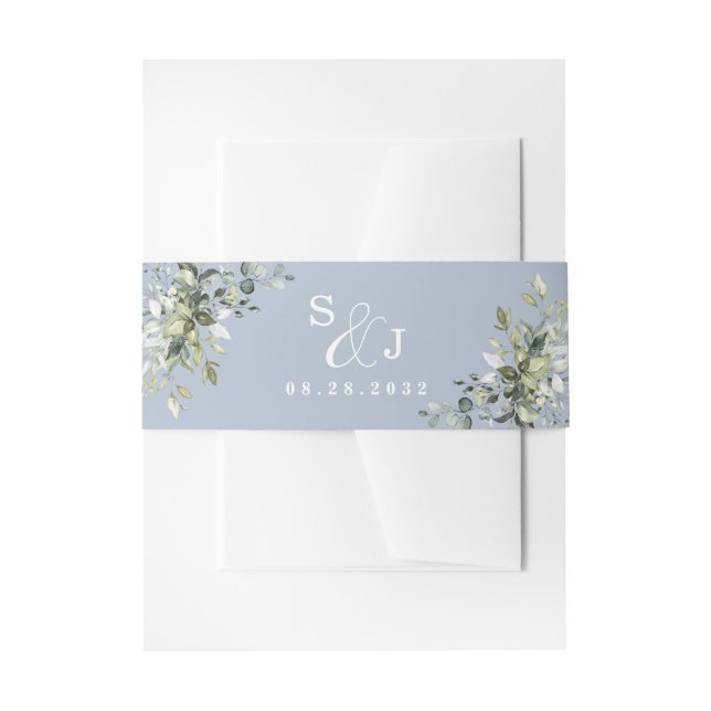 Dusty Blue Eucalyptus Greenery Succulent Wedding Invitation Belly Band (Front Example)