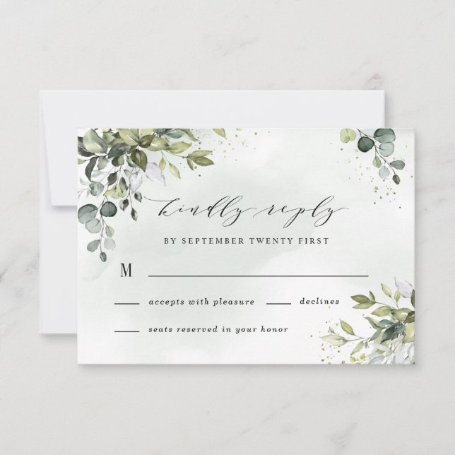 Dusty Blue Eucalyptus Greenery Succulent Wedding RSVP Card (Front)