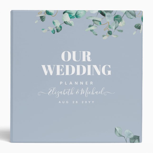 Dusty Blue Eucalyptus Greenery Wedding Binder (Front)