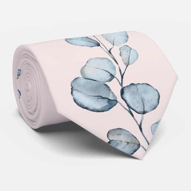 Dusty Blue Eucalyptus Greenery Wedding Blush Pink Tie (Rolled)