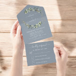 Dusty Blue Eucalyptus Greenery Wedding Elegant All In One Invitation<br><div class="desc">Dusty Blue Eucalyptus Greenery Succulent Botanical Watercolor Autumn,  Fall,  Spring or Summer Sage ,  Emerald Green and Gold Wedding Invitations on White background - includes beautiful and elegant script typography with modern botanical leaves and greenery for the special Wedding day celebration.</div>