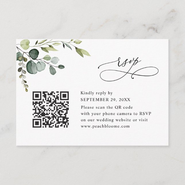 Dusty Blue Eucalyptus Greenery Wedding RSVP Card (Front)