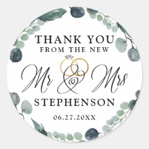 Dusty Blue Eucalyptus Greenery Wedding Thank You Classic Round Sticker
