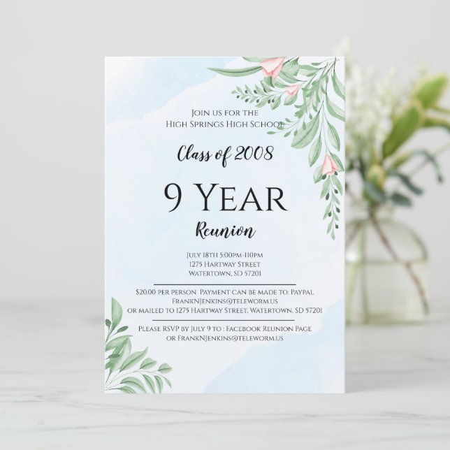 Dusty Blue Eucalyptus Leaves High School Reunion Invitation (Standing Front)