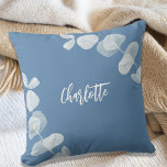 Dusty blue eucalyptus name script throw pillow<br><div class="desc">A dusty blue background decorated with eucalyptus.  Personalize and add a name.</div>