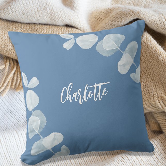Dusty blue eucalyptus name script throw pillow (Creator Uploaded)