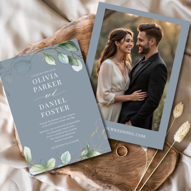 Dusty Blue Eucalyptus Photo Greenery Wedding Invitation (Creator Uploaded)