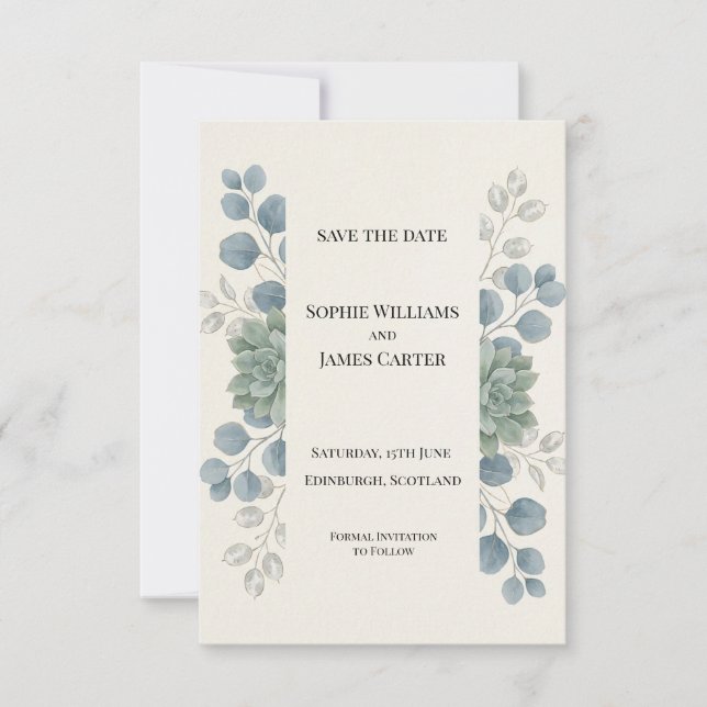 Dusty Blue Eucalyptus Save The Date Card (Front)