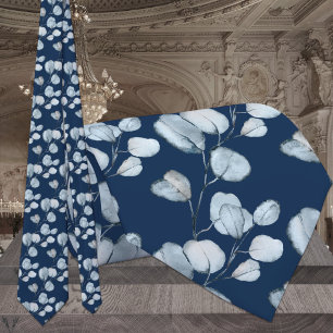 Dusty Blue Eucalyptus Sprigs Navy Wedding Neck Tie