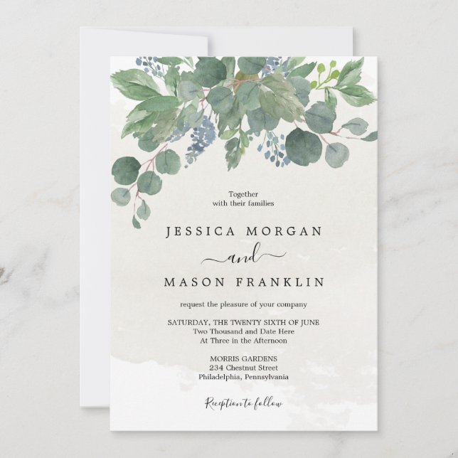 Dusty Blue Eucalyptus Wedding Invitation Card (Front)