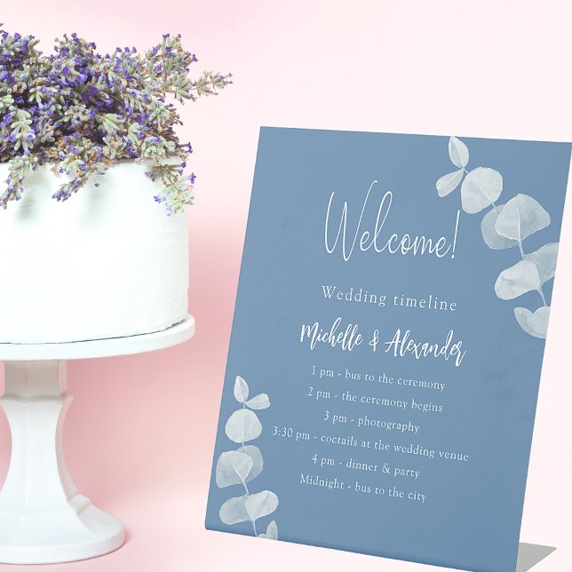 Dusty blue eucalyptus wedding program timeline pedestal sign (Creator Uploaded)