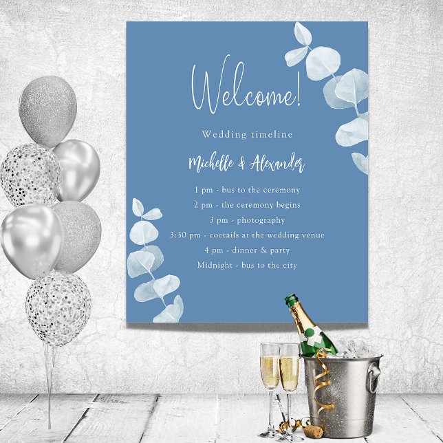 Dusty blue eucalyptus wedding program timeline poster (Creator Uploaded)