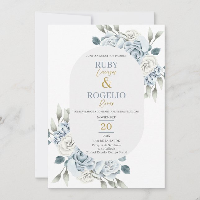Dusty Blue Faire-part de mariage en espagnol (Devant)
