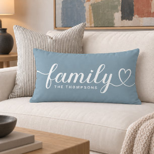 Dusty Blue Family Heart Script Monogram Lumbar Pillow