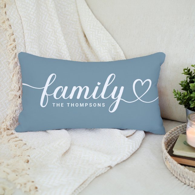 Dusty Blue Family Heart Script Monogram Lumbar Pillow (Creator Uploaded)