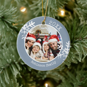Dusty Blue Family Photo Snowflake Christmas Ceramic Ornament