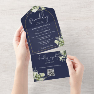 Dusty Blue Finally Arch GreeneryQR Code Wedding All In One Invitation