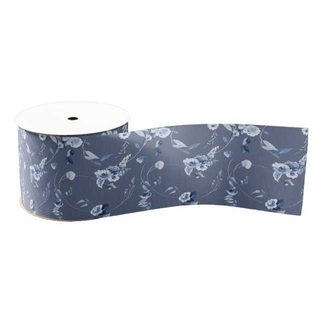 Dusty Blue Fine Art Floral Wedding Grosgrain Ribbon (Spool)