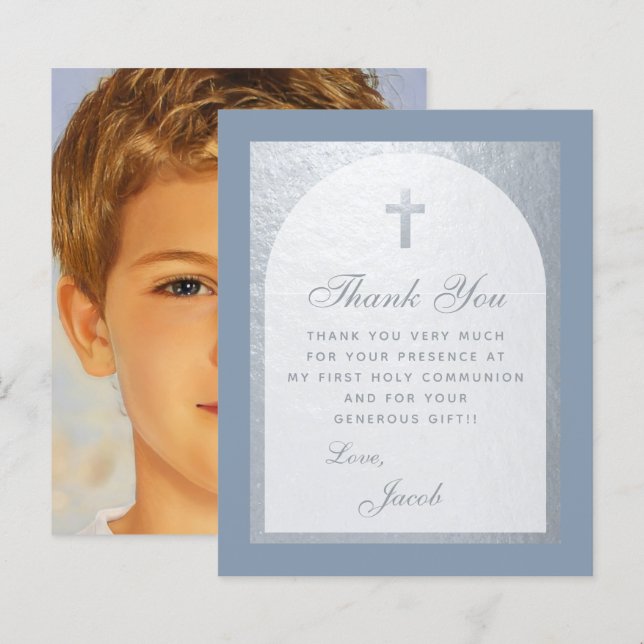 Dusty Blue First Communion Budget Carte de remerci (Devant / Derrière)